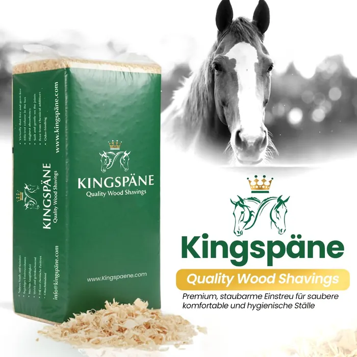 Kingspäne-Ballen Quality Wood Shavings mit Pferdekopf: Premium, staubarme Einstreu für saubere, komfortable und hygienische Ställe