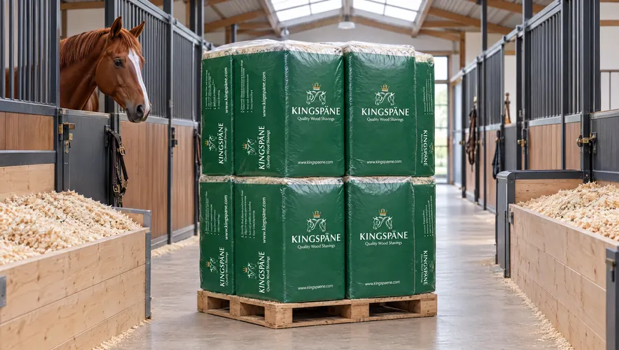 Stallgasse eines großen Betriebs mit einer Palette Kingspäne-Ballen, ein Fuchs schaut aus der Box (KI-Bild)