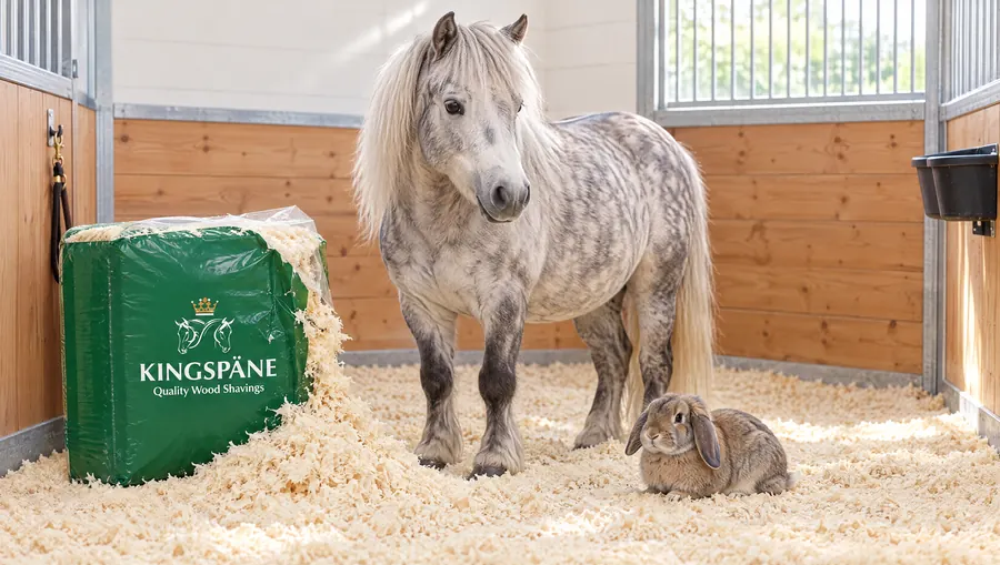 Grauschimmel-Pony und Kaninchen auf feinen Kingspäne-Spänen, daneben ein geöffneter Ballen (KI-Bild)