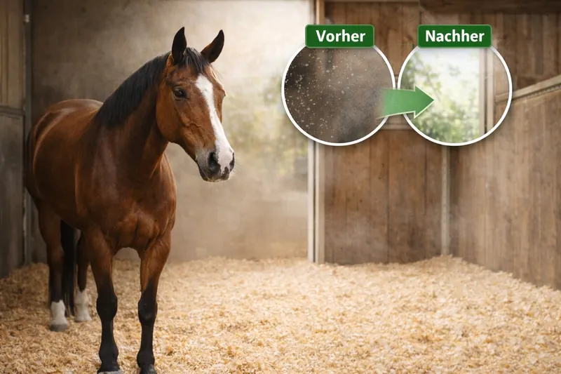 Pferd in der Box mit Vorher-Nachher-Vergleich der Einstreu (KI-Bild)